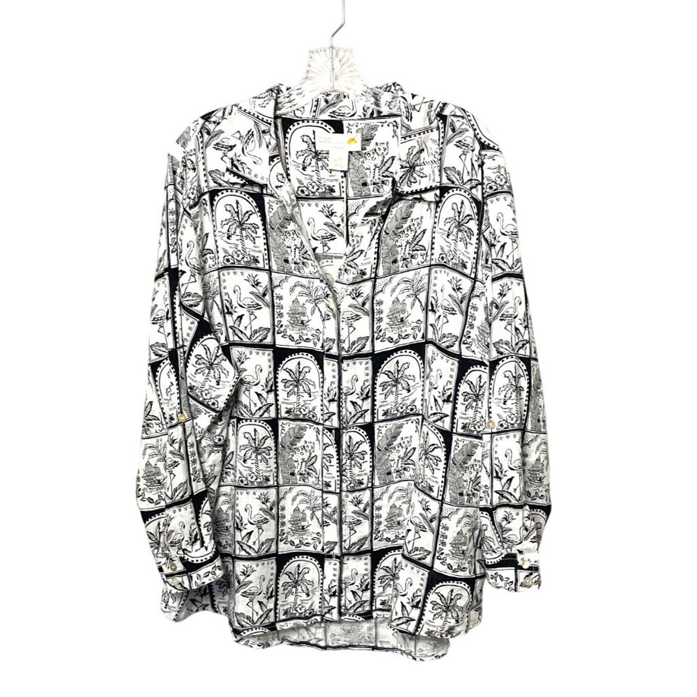 C&C California New Black & White Tropical Print Linen Button-Up Shirt Women’s 2X